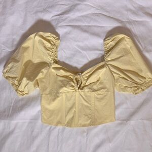 Wayf Gold Tie Front Puff Sleeve Crop Blouse
